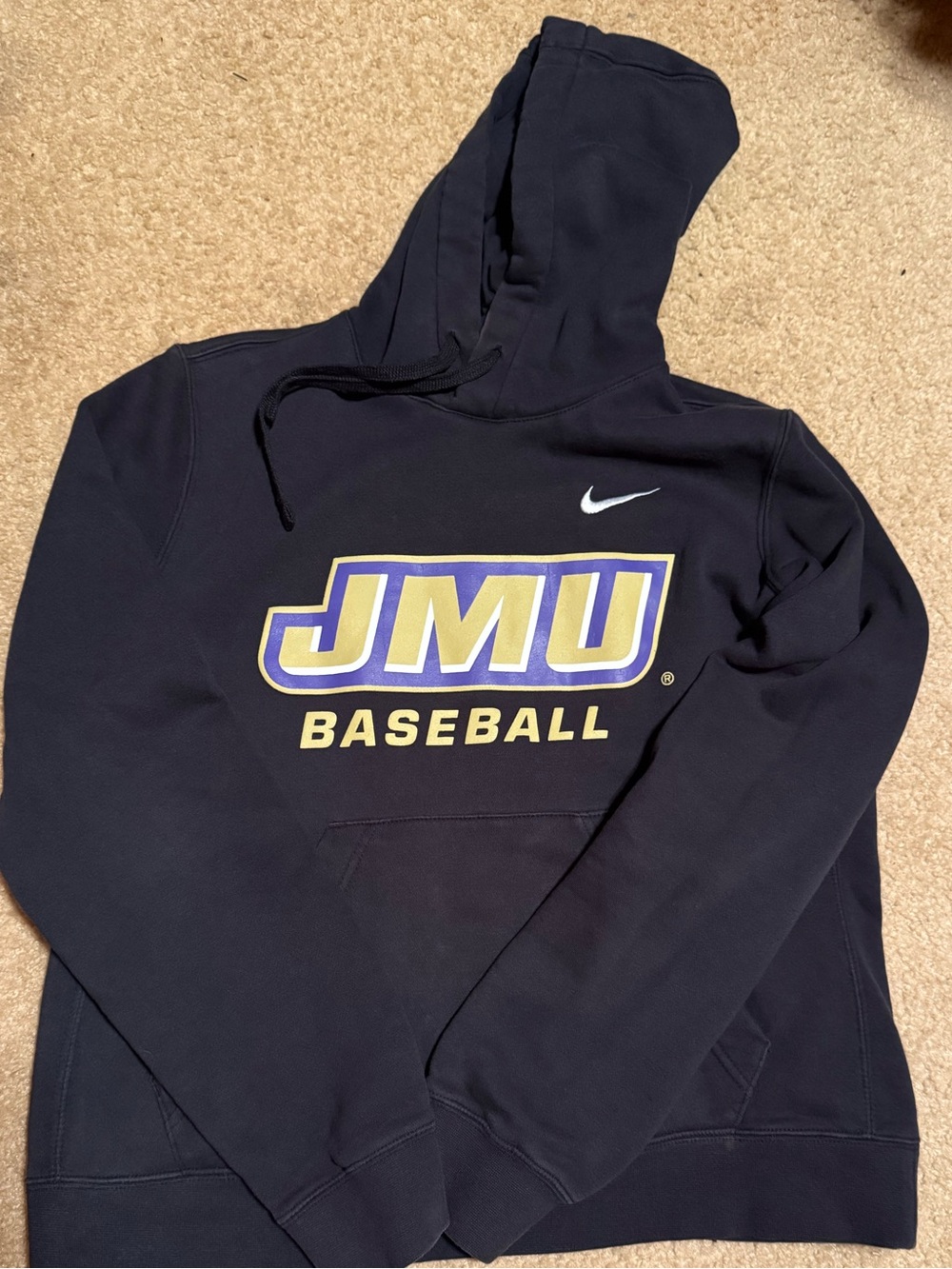 Nike Women’s Navy JMU Baseball Crewneck Hoodie with Purple & Gold Logo